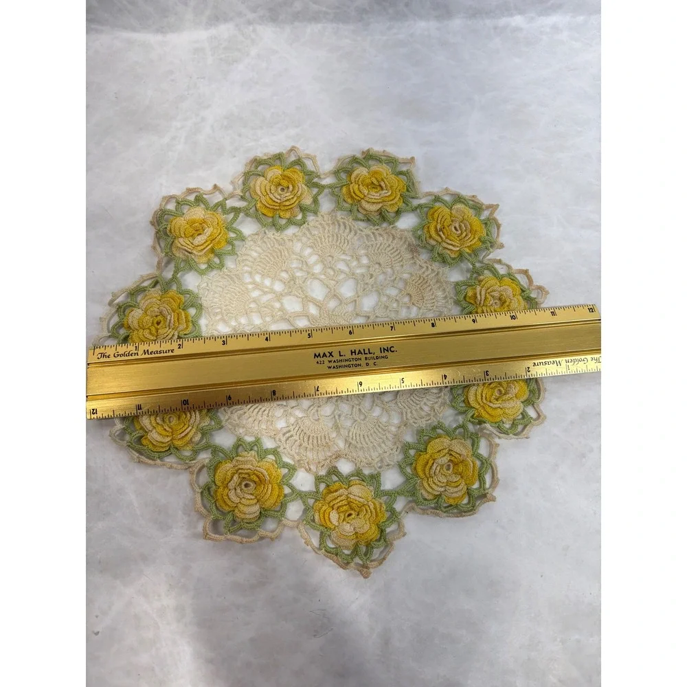 Vintage Handmade Crochet Doilies Set of 2 Yellow Rose 3D Floral Lace Multi-Color